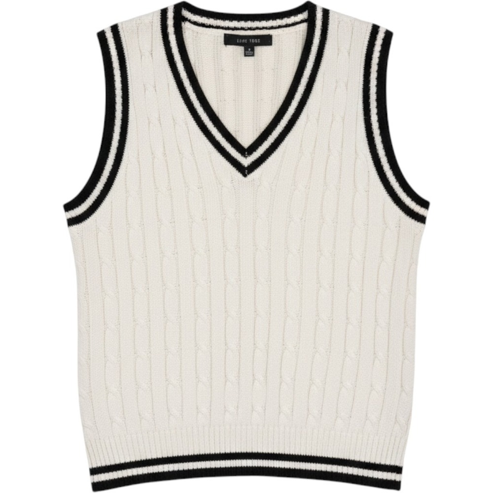 Love Tree Cable Knit Sweater Vest Cream Black V-Neck Preppy Varsity Small y2k